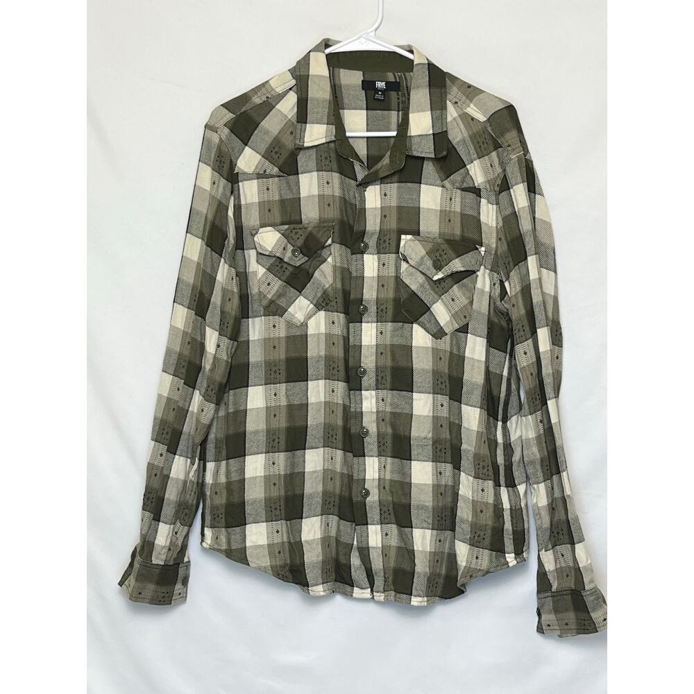 Frye Men’s Medium Green White Plaid Long Sleeve Button Up Casual Flannel Shirt